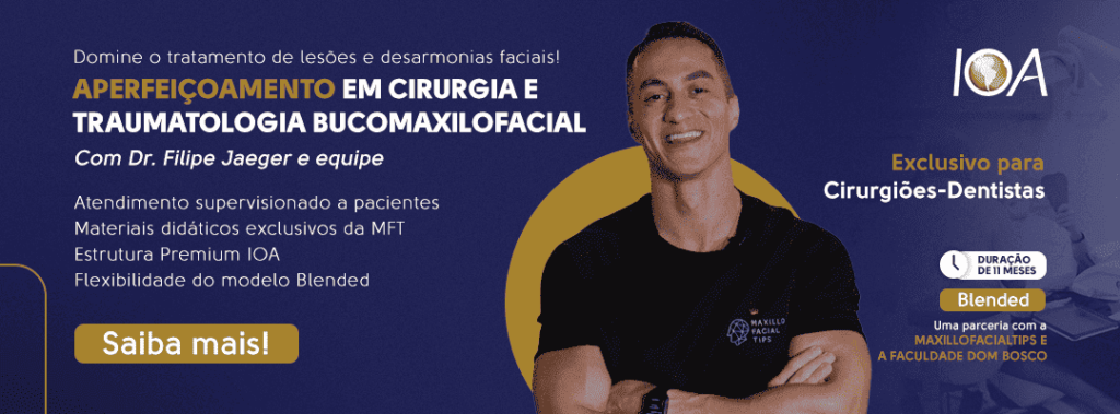 Domine o tratamento de lesões e desarmonias faciais! Aperfeiçoamento em cirurgia e traumatologia bucomaxilofacial, com Dr. Filipe Jaeger e equipe. Exclusivo para cirurgiões-dentistas. Curso blended com duração de 11 meses. Uma parceria com a Maxillofacialtips e a Faculdade Bom Dosco. Atendimento supervisionado a pacientes, materiais didáticos exclusivos da MFT, estrutura premium IOA e flexibilidade do modelo blended. Saiba mais!