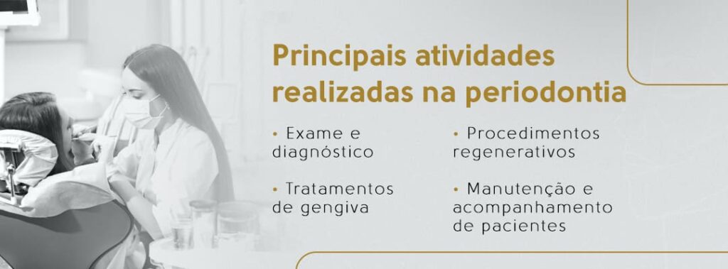 Principais atividades realizadas na periodontia: exame e diagnóstico, tratamentos de gengiva, procedimentos regenerativos, manutenção e acompanhamento de pacientes.