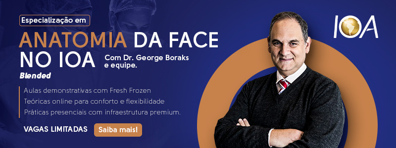 Especialização em Anatomia da Face no IOA com Dr. George Boraks e equipe. Blended. Aulas demonstrativas com Fresh Frozen, teóricas online para conforto e flexibilidade e práticas presenciais com infraestrutura premium. Vagas limitadas. Saiba mais!