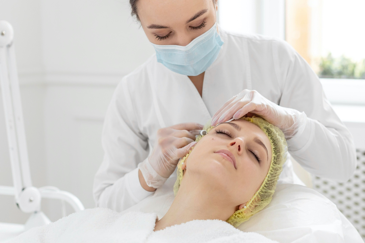 Profissional realizando um procedimento estético facial em uma cliente.