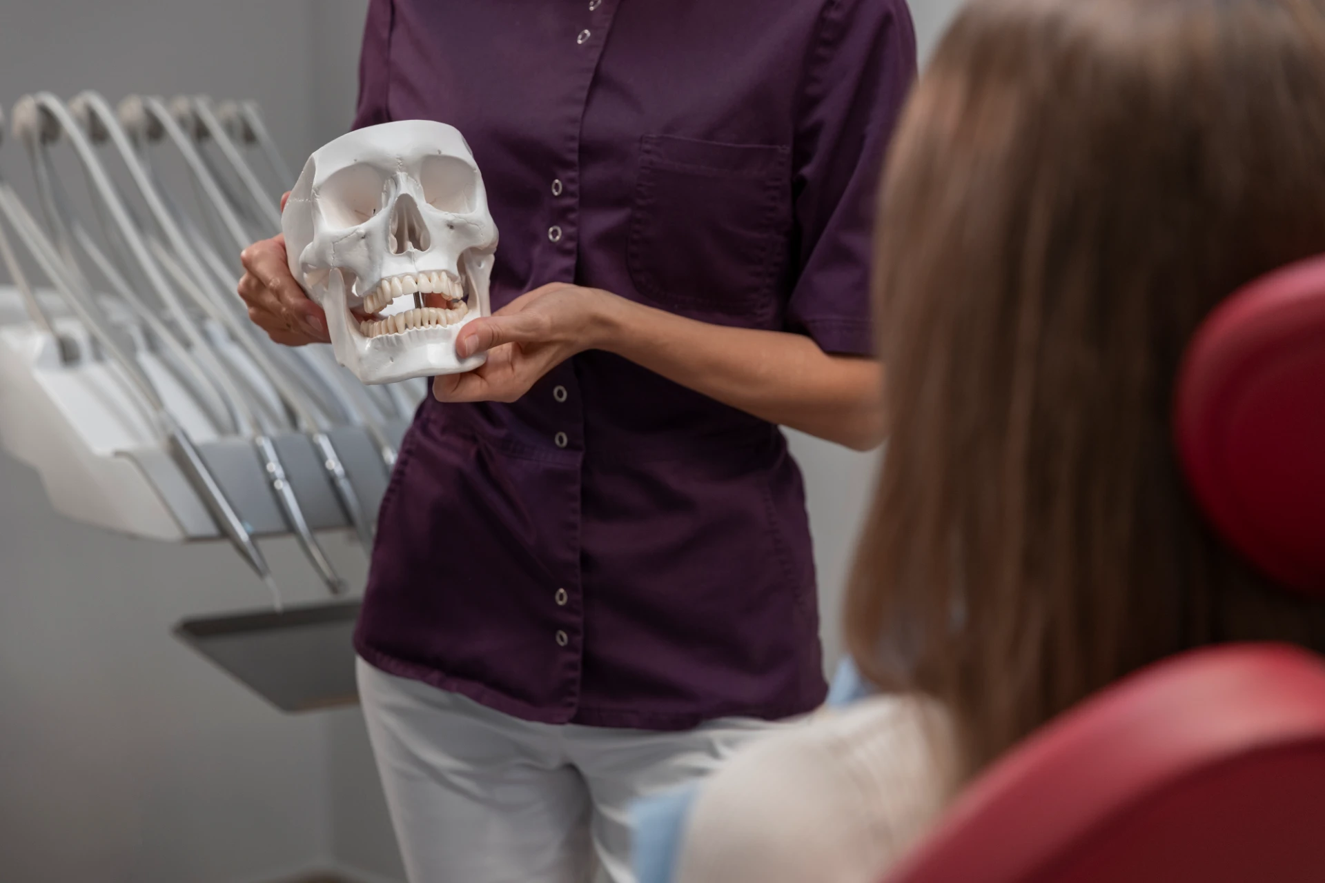 Dentista explica anatomia do crânio humano usando modelo de skull em consultório odontológico.