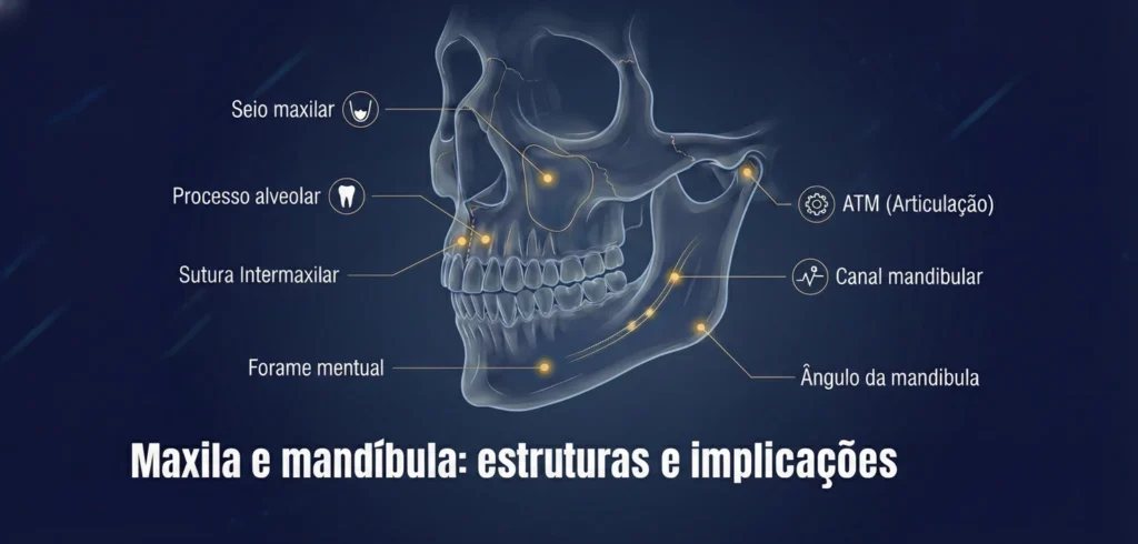 Esquema indicando a maxila e a mandíbula na estrutura do crânio 